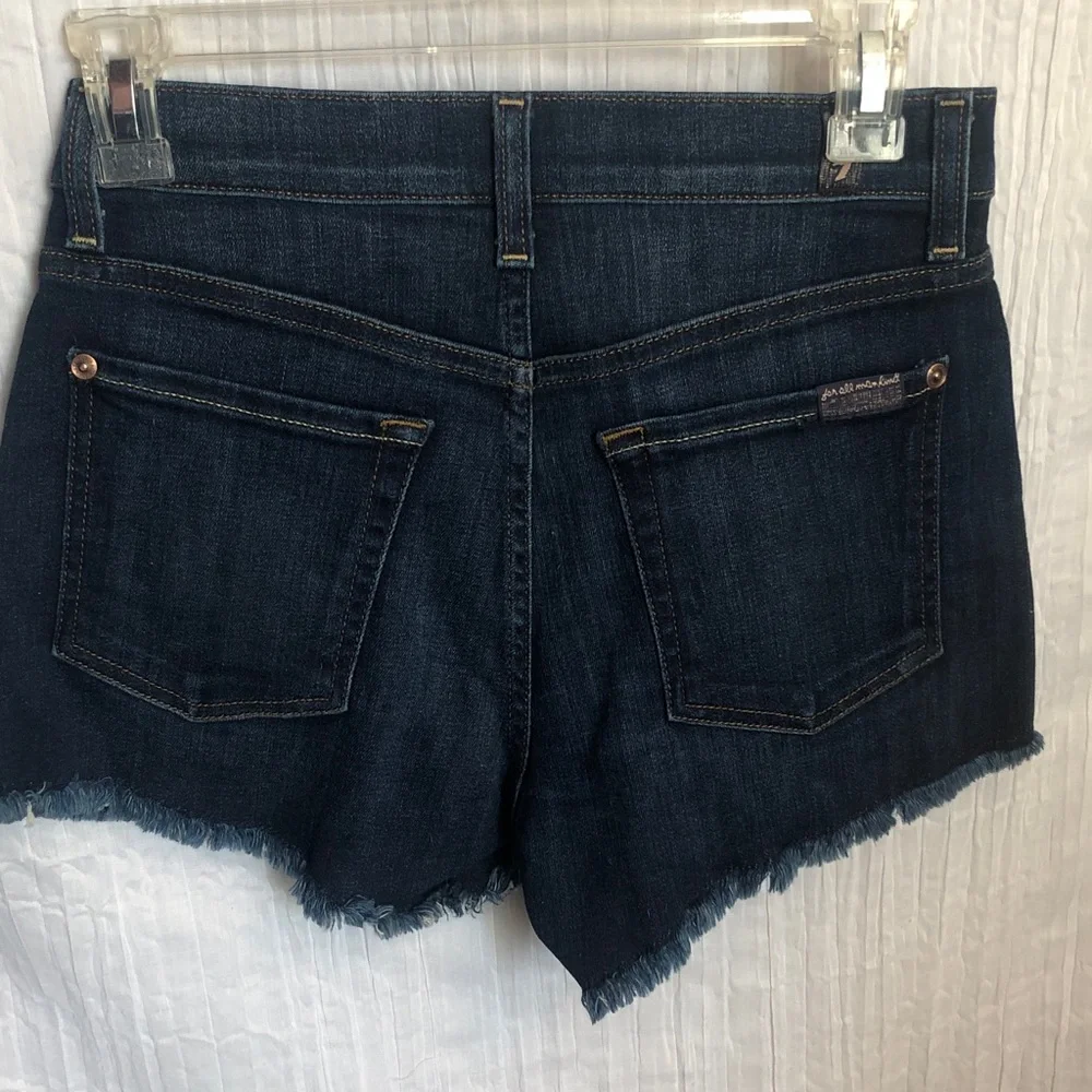 7 FOR ALL MANKIND sz 2 denim shorts w/ fringe & LOFT rust short sleeve lace top